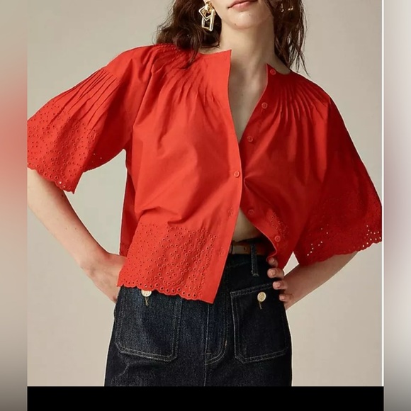 J. Crew Tops - J Crew Jolie top in eyelet cotton poplin button front short sleeve red Sz 2X NWT